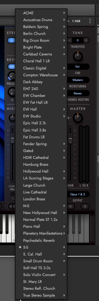 Hollywood Strings Reverb menu