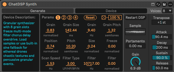 ChatDSP - Create M4L Devices with Text Prompts 2 ChatDSP synth page 1